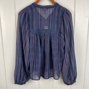 Lucky Brand Blue Red Striped Boho Peasant Top Blouse Sheer Tassel Tie  Medium